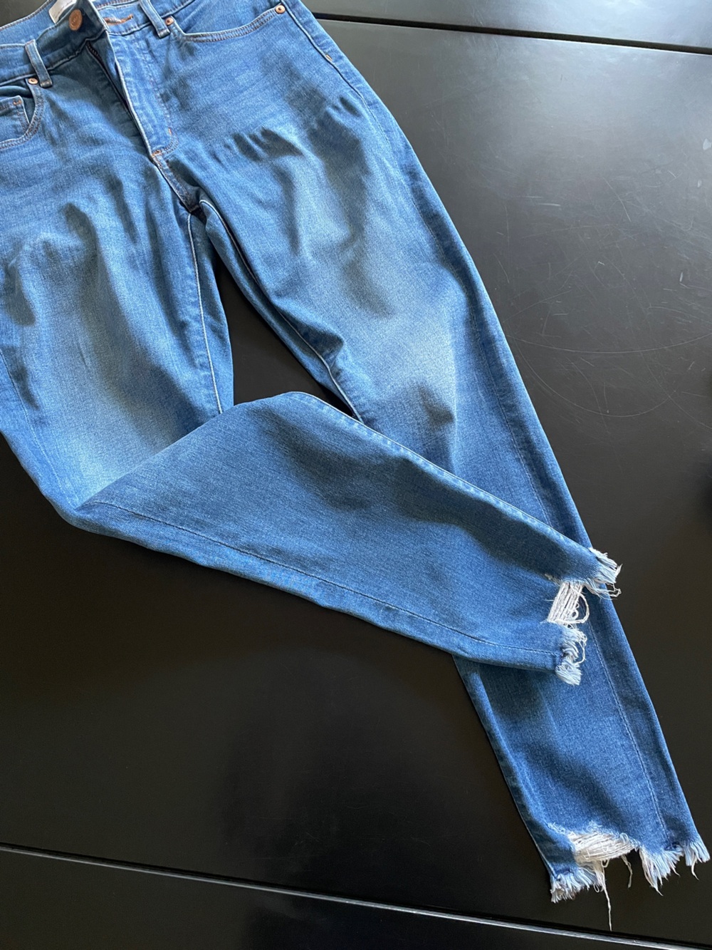 LOFT Skinny Jeans in Medium Blue with Frayed Hem